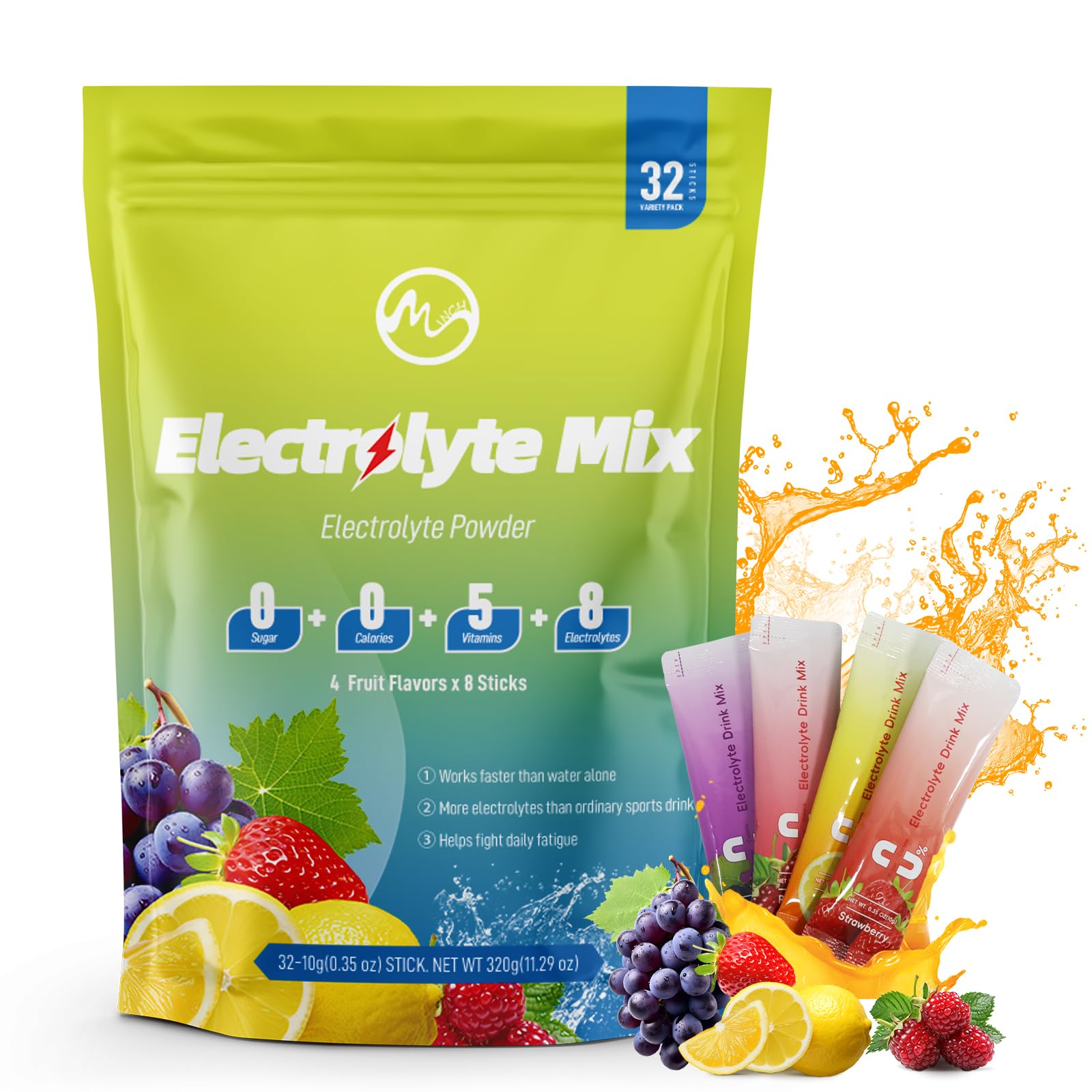 M inch Electrolytes Powder Packets, 32 Sticks Hydration Packets Sugar Free, 0 Calorie with 5 Vitamins & 8 Electrolytes, Fruit Flavoured Hydration Powder Keto Friendly