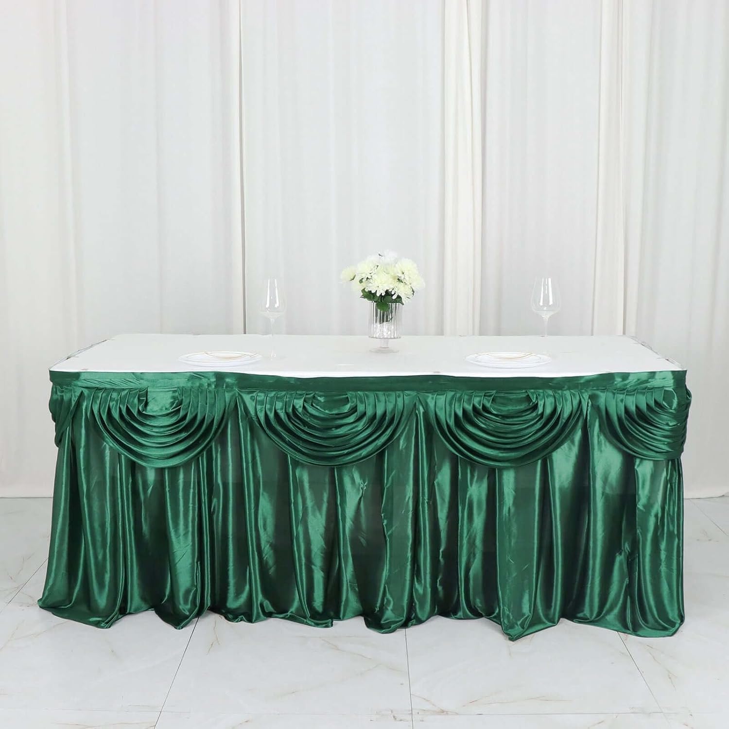 Efavormart Hunter Emerald Green Satin Double Drape Table Skirt for Kitchen Dining Catering Wedding Birthday Party Decorations Events 14ft