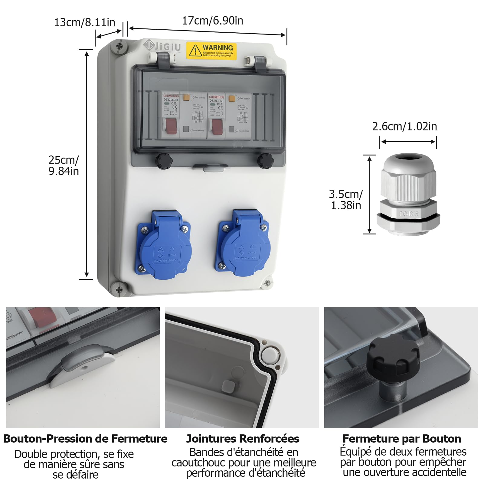 JiGiU Coffret Électrique de Chantier, 2 Prises Schuko, Disjoncteur FI+LS