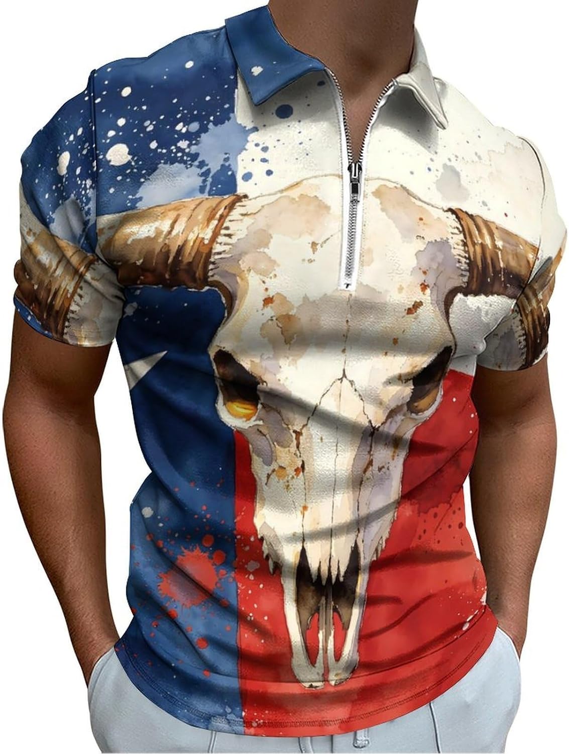 Texas Flag Cow Skull Mens Polo Shirts Slim Fit T-Shirt Tee Top | Zip Up,Breathable