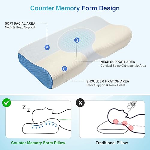 Miniatura 2 de Almohada cervical de espuma viscoelástica con funda extraíble lavable (azul-estándar), almohada para dormir de lado y espalda, almohada para aliviar