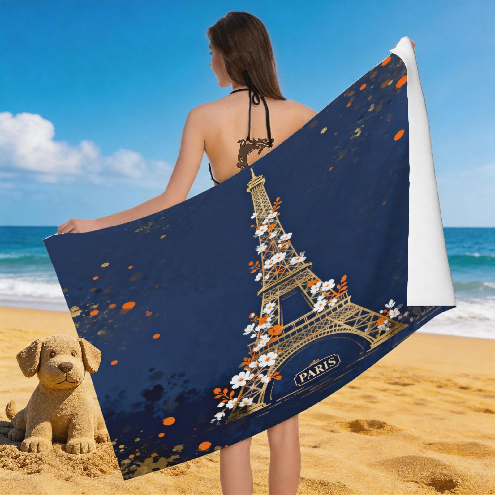 Leichong 3D Eiffel Tower Beach Towel Microfiber Soft Quick Dry for Adults, Flower Bath Towel Lightweight Soft Absorbent for Travel Swimming Pool Sports, 75 x 150 cm