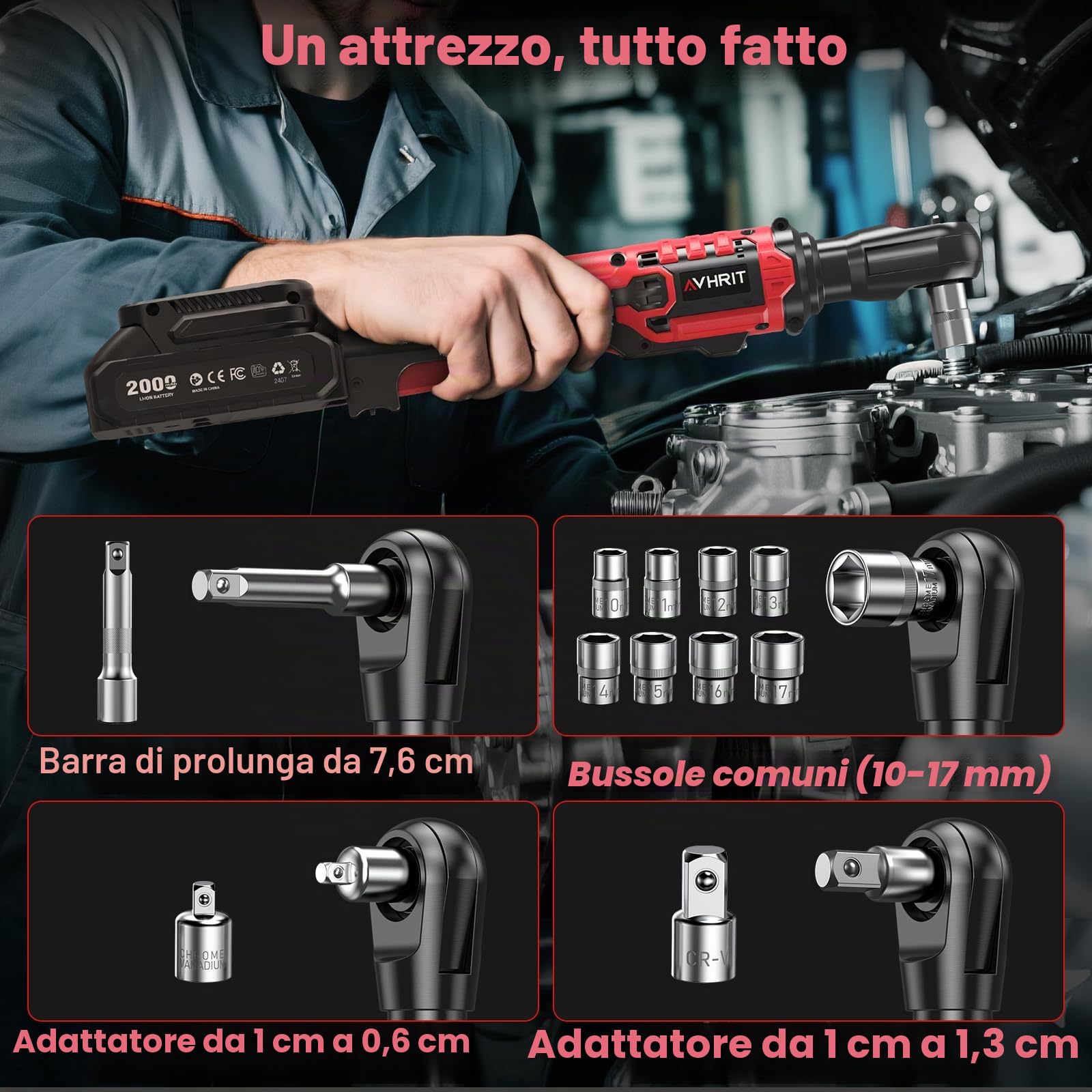 Chiave a cricchetto elettrica 3/8" Senza Fili: 120Nm (88 Ft-lbs) + 200 RPM, con 2 Batterie 2.0Ah, Luce LED e Set da 11 Boccole,Potente chiave elettrica per Auto e Riparazioni Domestiche