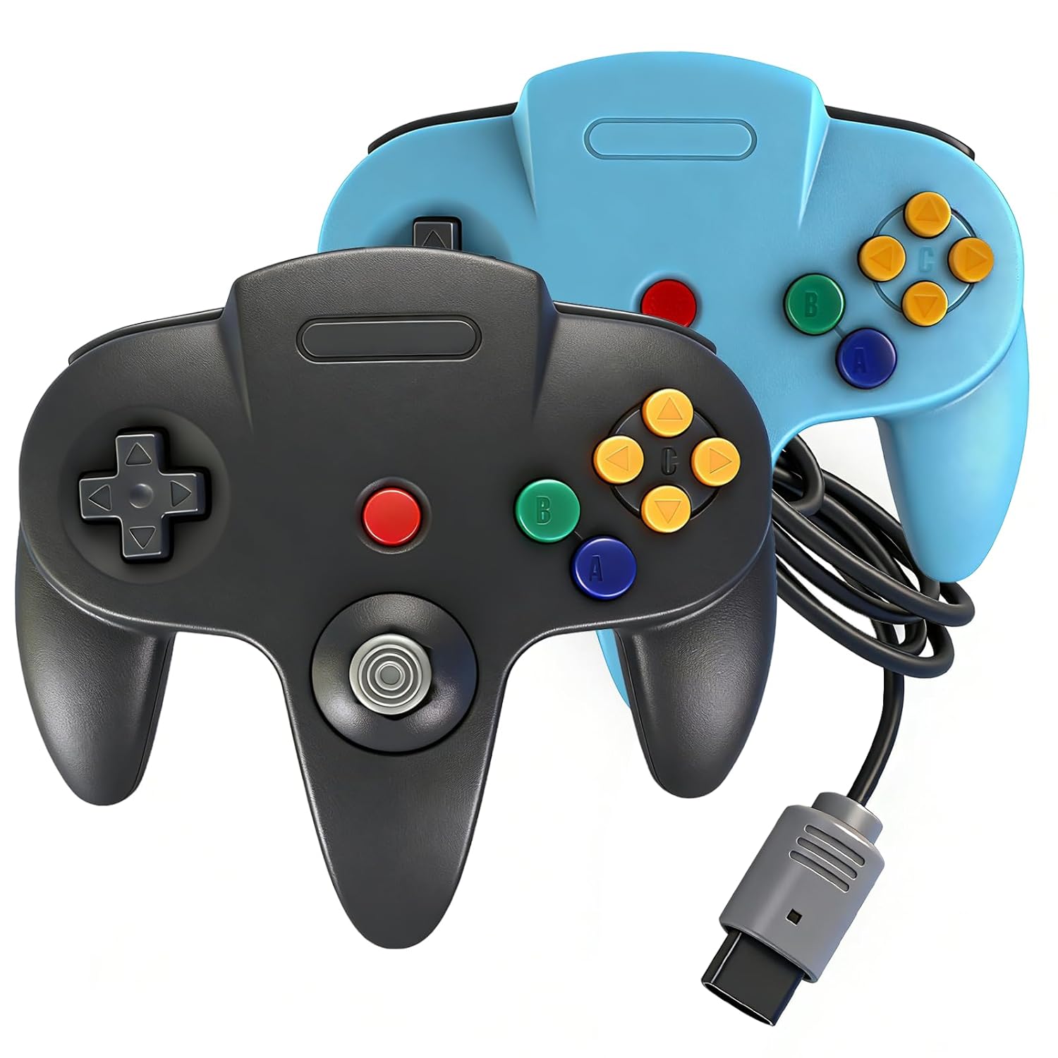 PGYFDAL 2 Pack Classic N64 Controller, Wired Gamepad Upgraded Joystick Compatible with N64 Console, Ergonomic M-Shaped Design for Multiplayer Gaming (Black & Blue)