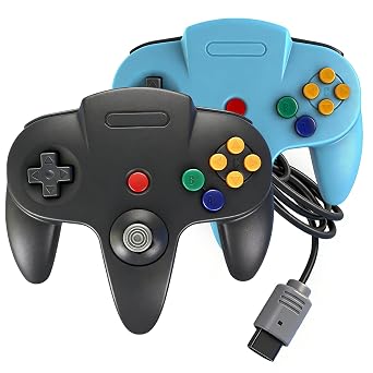 PGYFDAL 2 Pack Classic N64 Controller, Wired Gamepad Upgraded Joystick Compatible with N64 Console, Ergonomic M-Shaped Design for Multiplayer Gaming Black & Blue