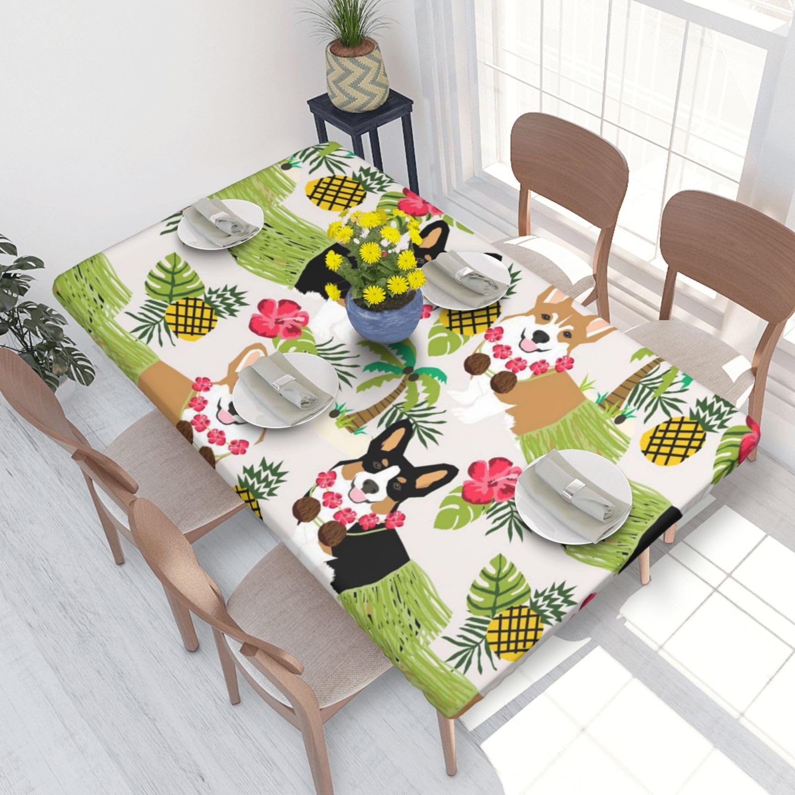 BNVSADC Corgi Hawaiian Tropical Summer Pineapple Printed 4FT Tablecloth 122x76 CM Polyester Kitchen Water Resistant Table Cloth Dining Table Decoration Table Covers