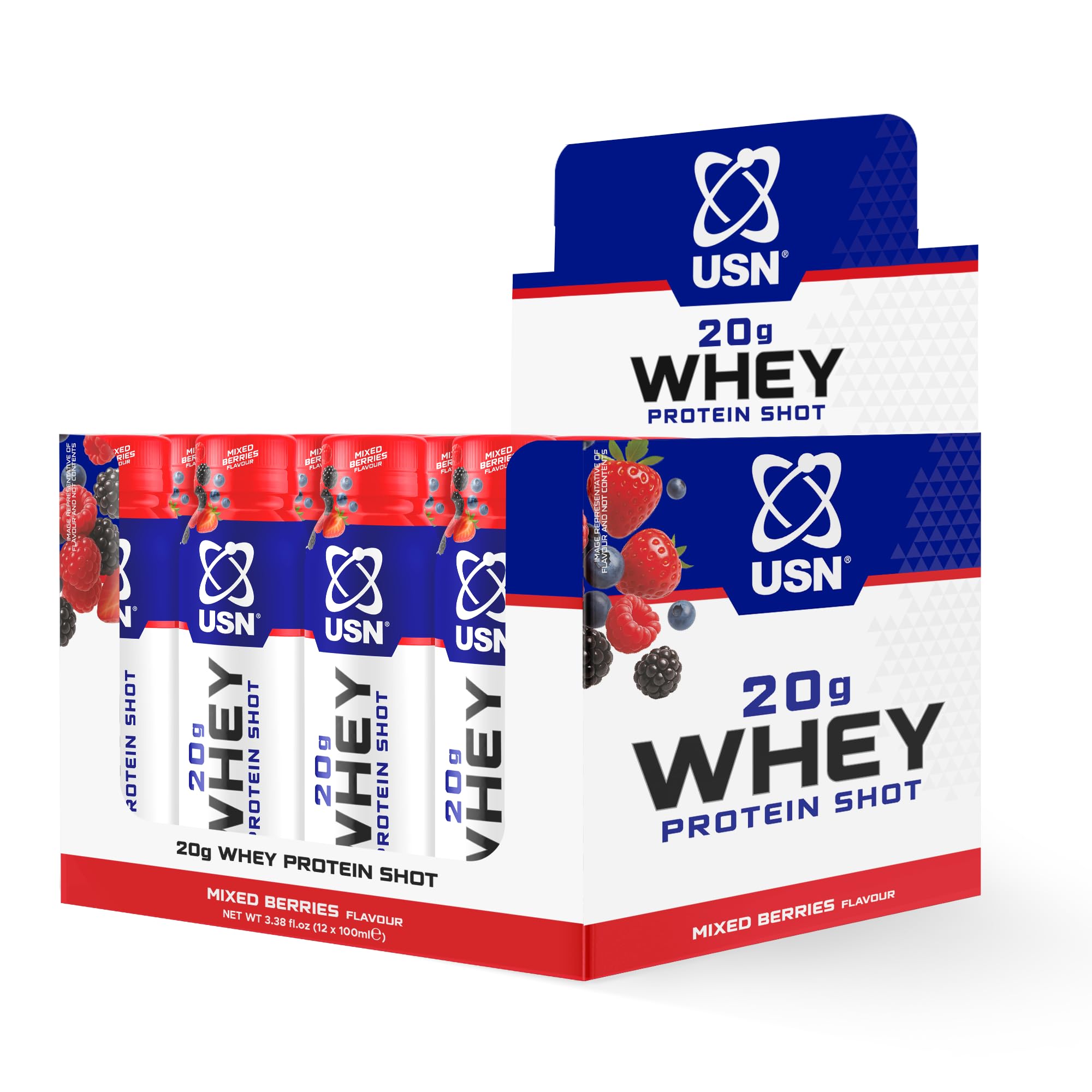 USN Whey Protein Shot | Mixed Berries | 12 x 100ml Ready to Drink Protein Shots | 20g Protein, Low Calorie, 0g Sugar & Fat Free | Supports Muscle Growth, Maintenance & Recovery