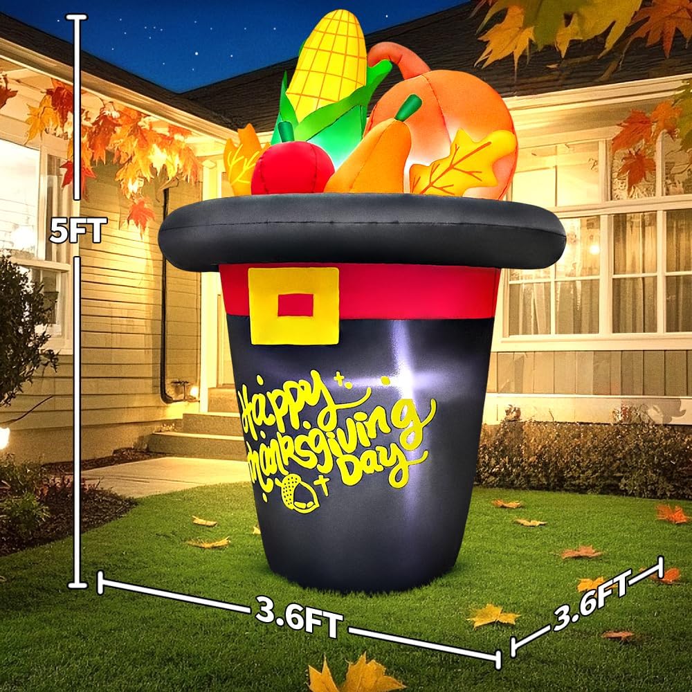 5FT Thanksgiving Inflatables Outdoor Decoration Inflatable Hat with Pumpkin, Built in LED Lights Blow Up Yard Decorations for Fall Holiday Party Garden Lawn Décor