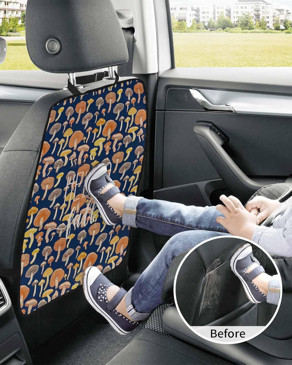 Car Seat Protector, 2 Pack Kick Mats Back Seat Protector Hello Fall Thanksgiving Orange Yellow Mushroom Navy Blue Waterproof Backseat Cover for Kids Universal Fit Automotive Interior Protectors