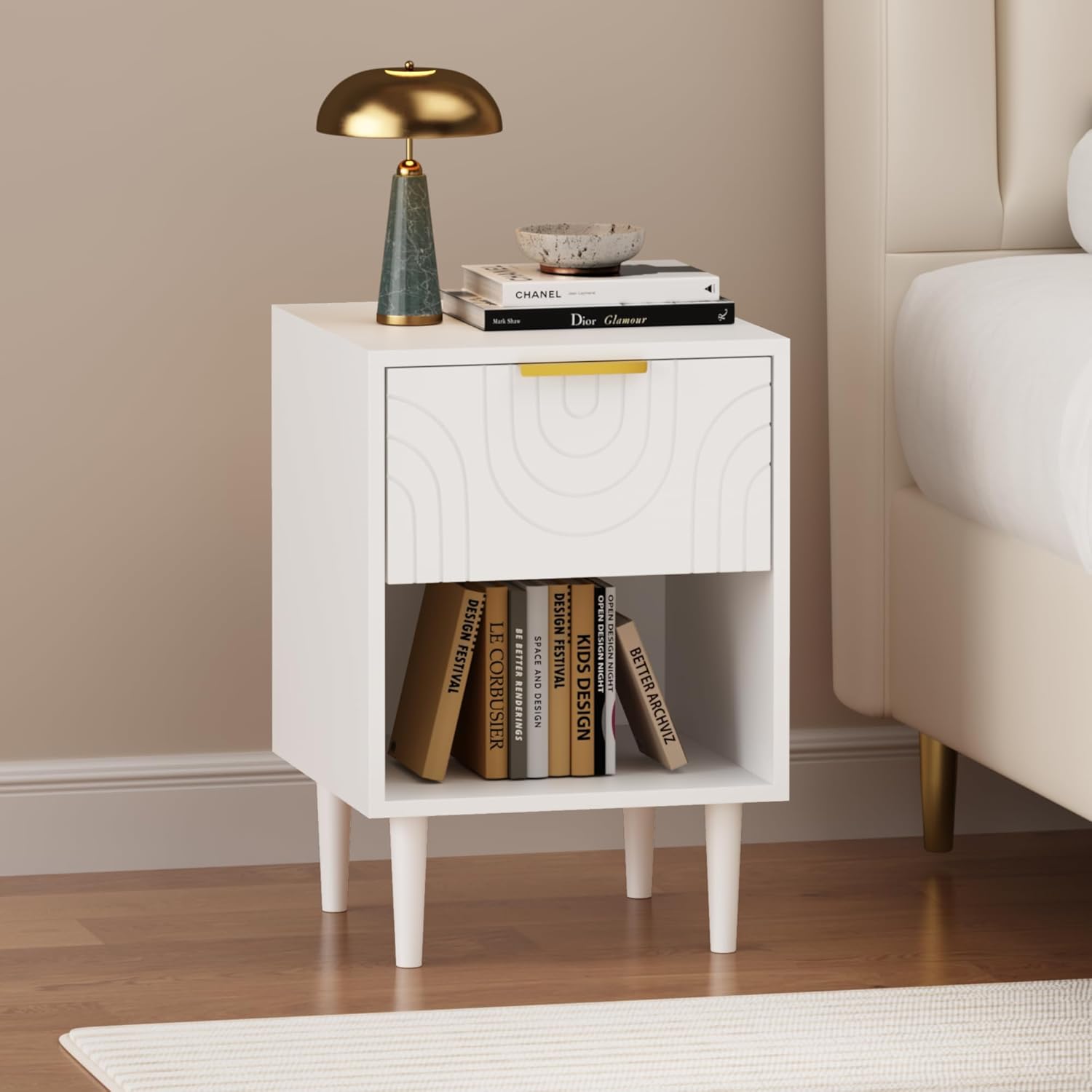 White Nightstand with Drawer and Gold Handle, Modern Toddler Night Stand with Wood Legs for Bedroom, Small Spaces, Wood End Table Kids Bedside Table for Boys and Girls, White