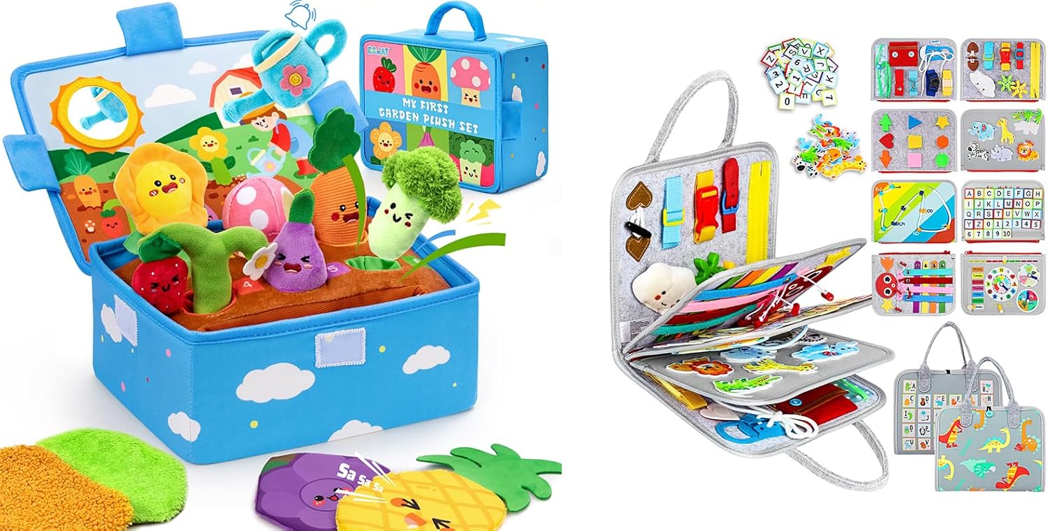 Esjay Montessori Sensory Garden Plush Set and Busy Board, Developmental Learning Toys with Rattle Squeaker Mirror Texture Tissue, Grey Dinosaur