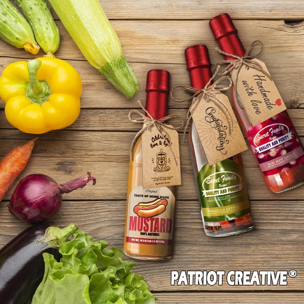 PATRIOT 40 Pack 3oz Hot Sauce Bottles with Lids RED, Glass Woozy Bottles with Dripper Inserts and Shrink Capsules Wine Bottle for Homemade Sauces Oils Vanilla Extracts Dressings (Bonus Tags & Twine)