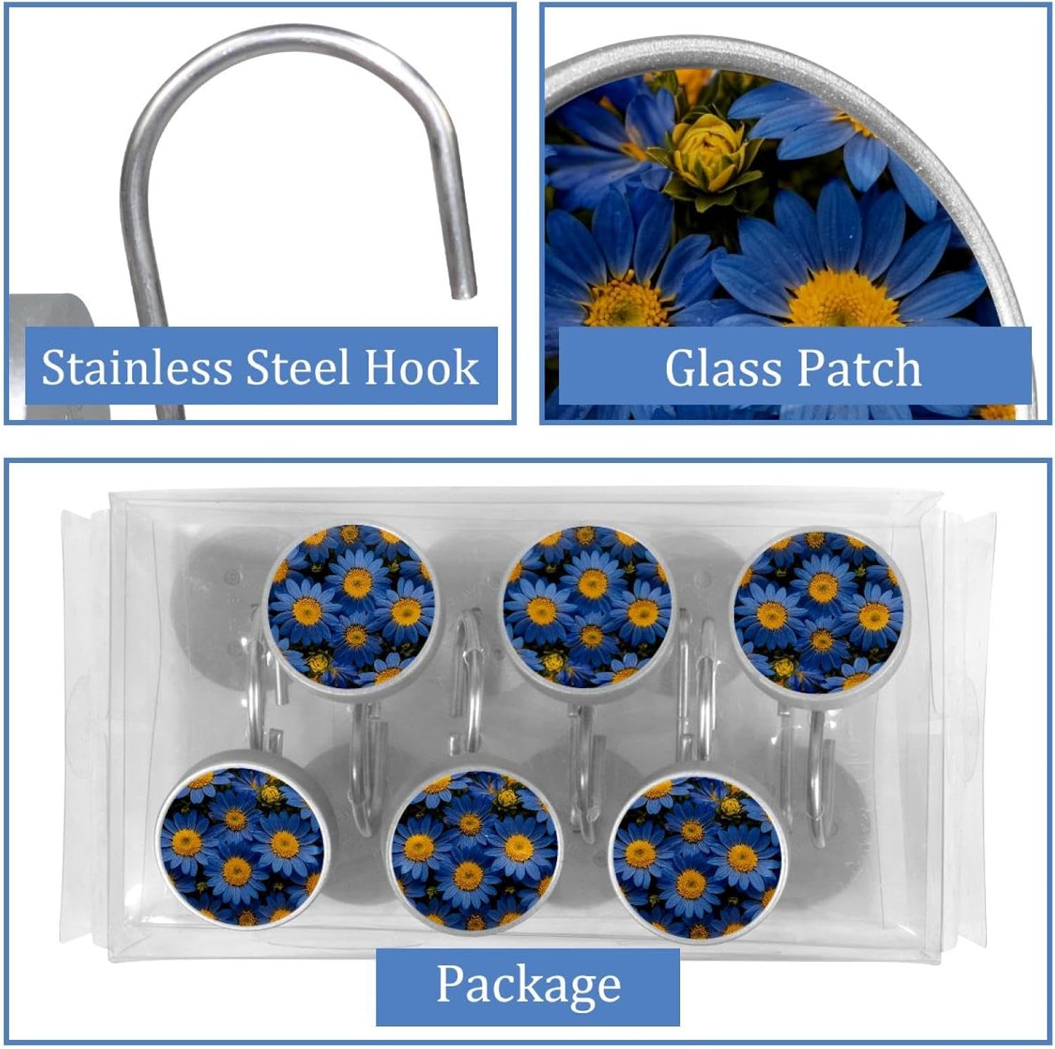 12PCS Blue Flower and Yellow Floral (3) Shower Curtain Hooks Metal Rust Resistant Decorative Shower Curtain Hooks Bathroom Decorations