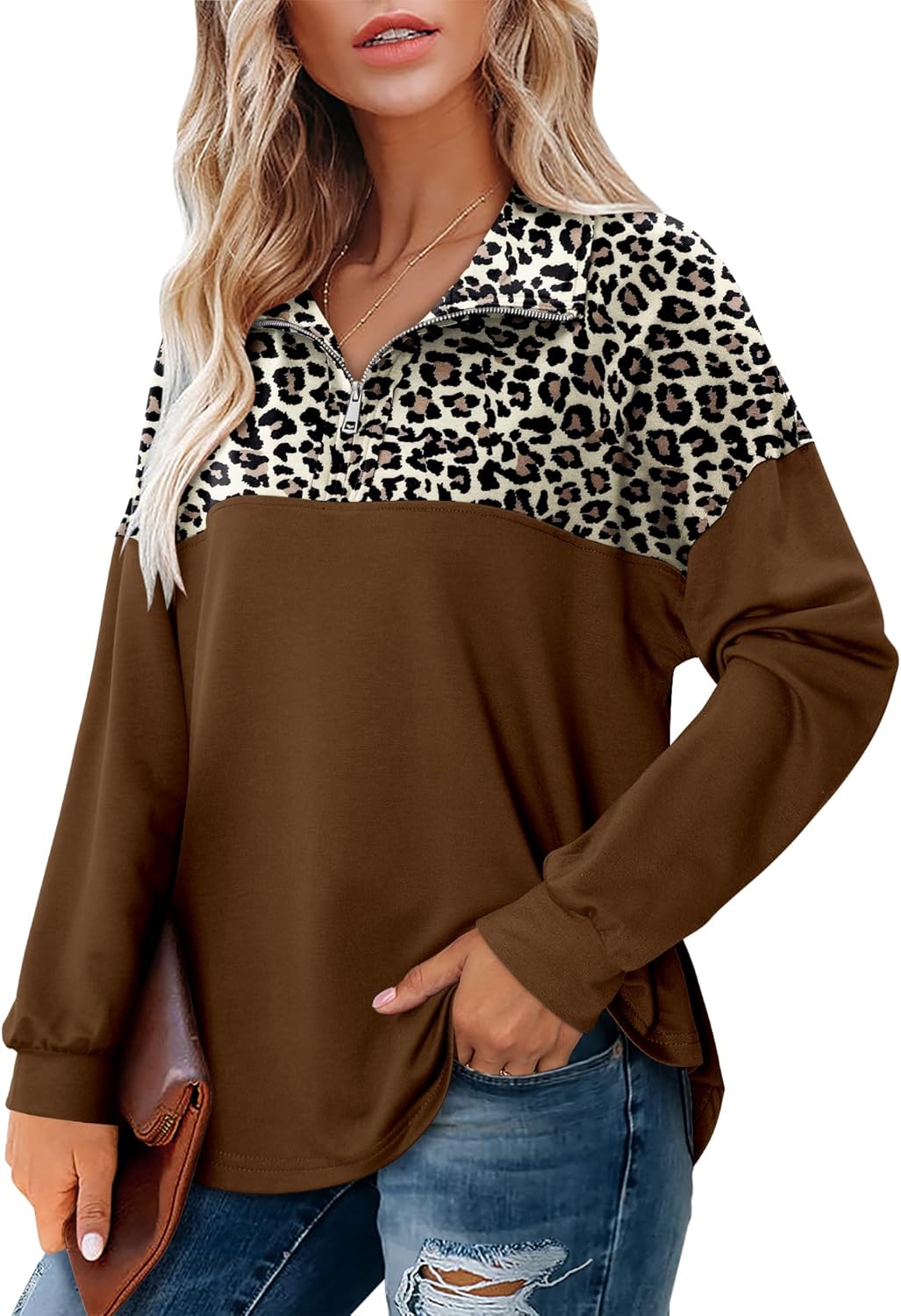 Magritta Womens Sweatshirt Casual Loose Fit Waffle Knit Half Zip Pullover Long Sleeve Lapel Tops - Image 3