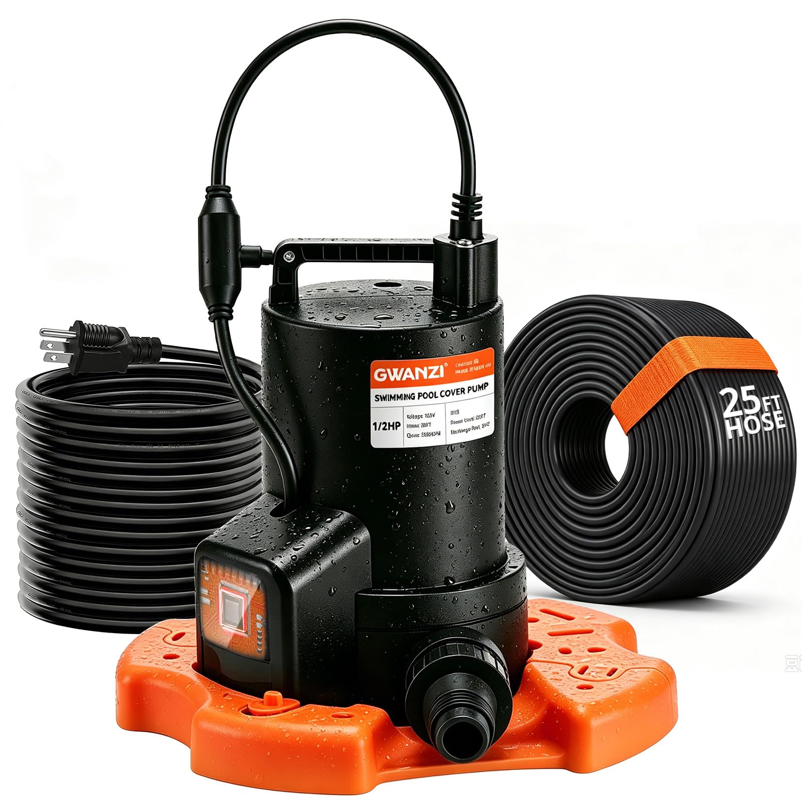Automatic 1/2 HP Swimming Pool Cover Pump with 25ft Hose Kit 3500GPH Submersible Water Pump with Filter Net 3/4” Adapter &amp; 25ft Power Cord 110V Sump Pump for Swimming Pool Hot Tubs Pond Basement