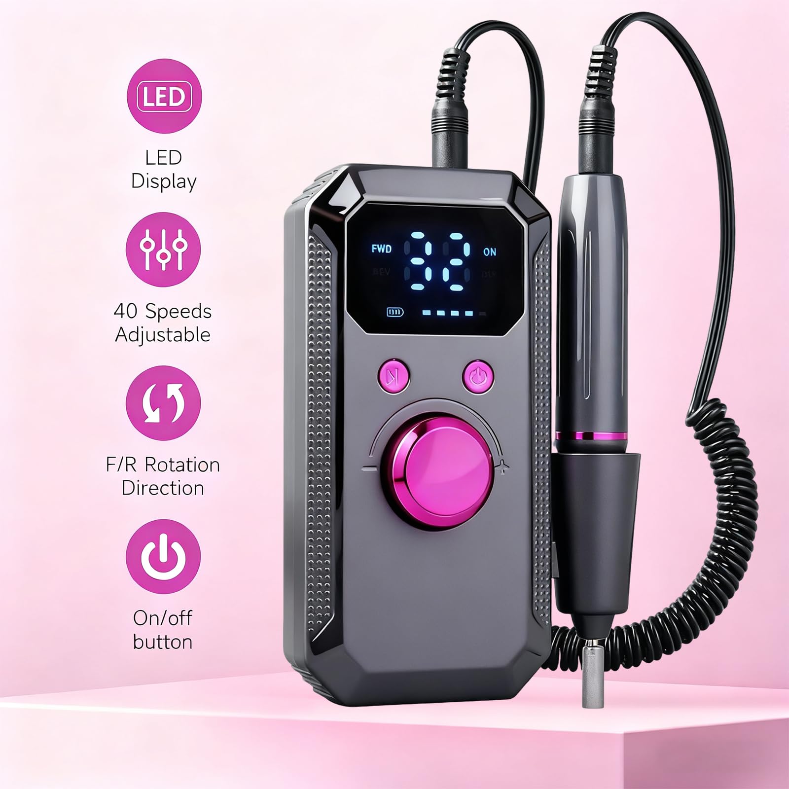 Ponceuse pour Ongles Portable Professionnelle 40000 RPM, Lime à Ongles Electrique Rechargeable pour Enlever et Polir le Gel Acrylique Ongles,Perceuse à Ongles avec Kit de Salon,Gris Foncé