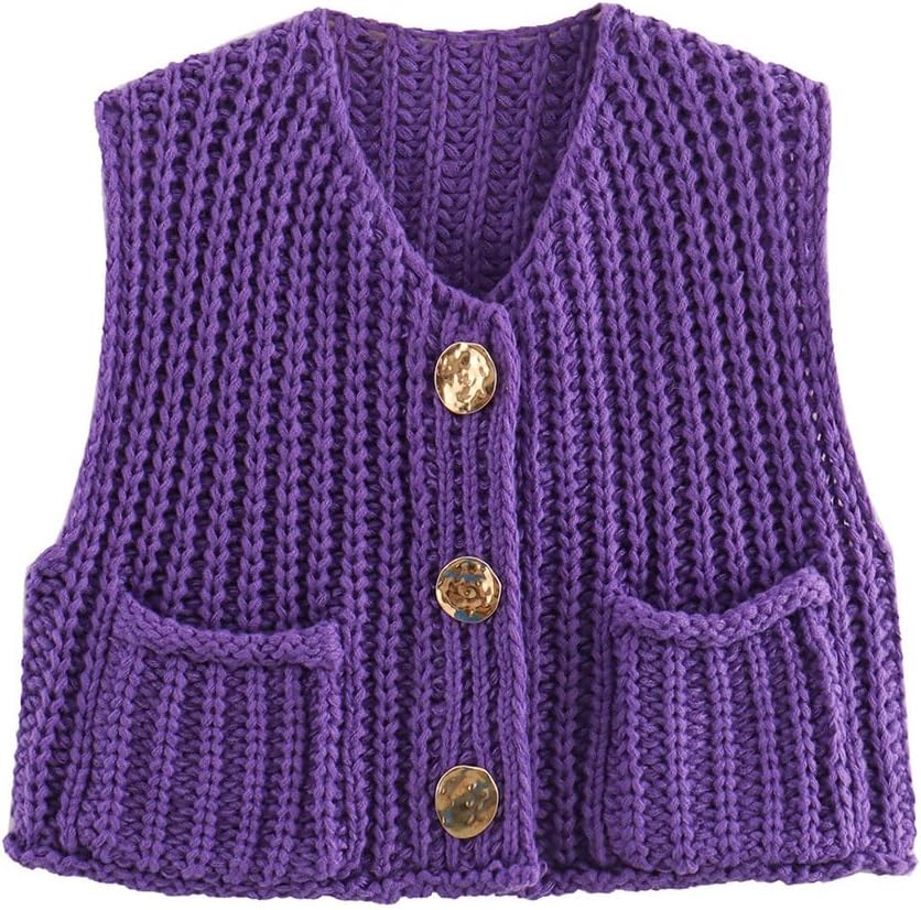 Women Button Down Oversized Cropped Knitted Sweater Vest Sleeveless Casual Open Front Chunky Knit Top with Pocket