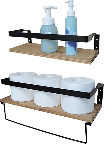 Miniatura 4 de Estantes flotantes de pared de granja sobre el inodoro, estante de almacenamiento de pared con toallero, toallero para baño, cocina, dormitorio,