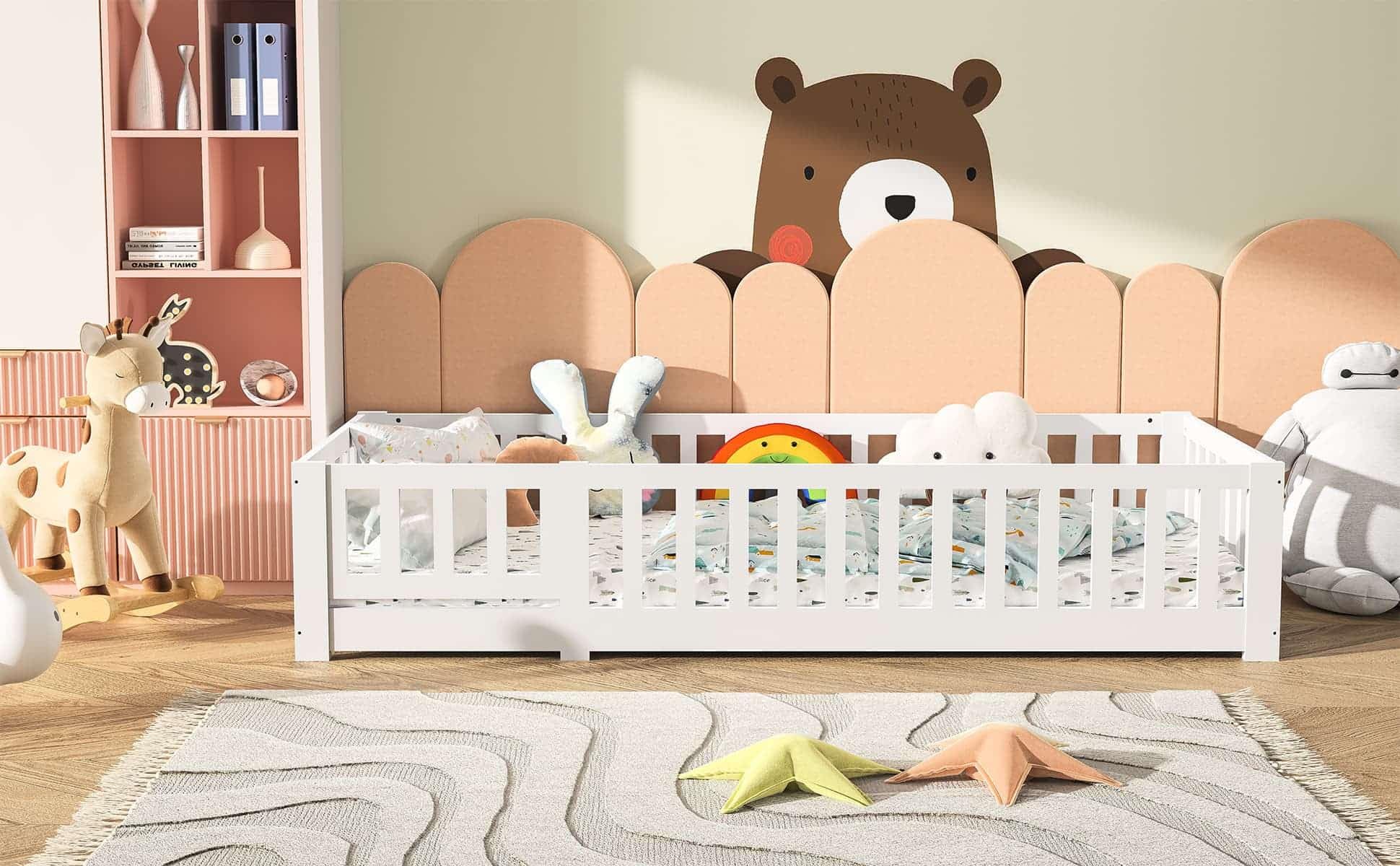 BestAlice Cama infantil Montessori de 90 x 190 cm, con protección anticaída y somier, cama juvenil, cama individual, para niñas y niños, madera maciza de pino incluida, color blanco