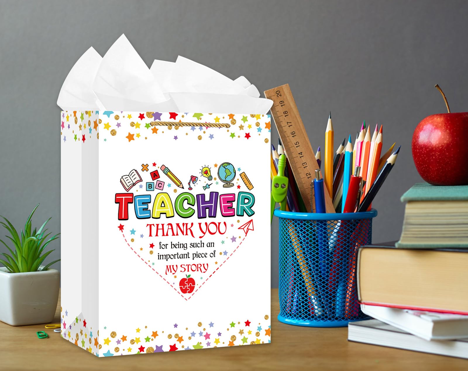 WaaHome Teacher Appreciation Gift Bag for Women - End of Year Graduation Teacher Gift Bags for Daycare Elementary Teachers from Students - 11.5'' Large Thank You Teachers Wrapping Paper Bag