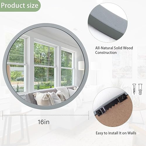 Miniatura 69 de JJUUYOU Espejo circular de pared redondo para baño, espejo de tocador gris, pequeño círculo decorativo para pared, marco de madera, espejo