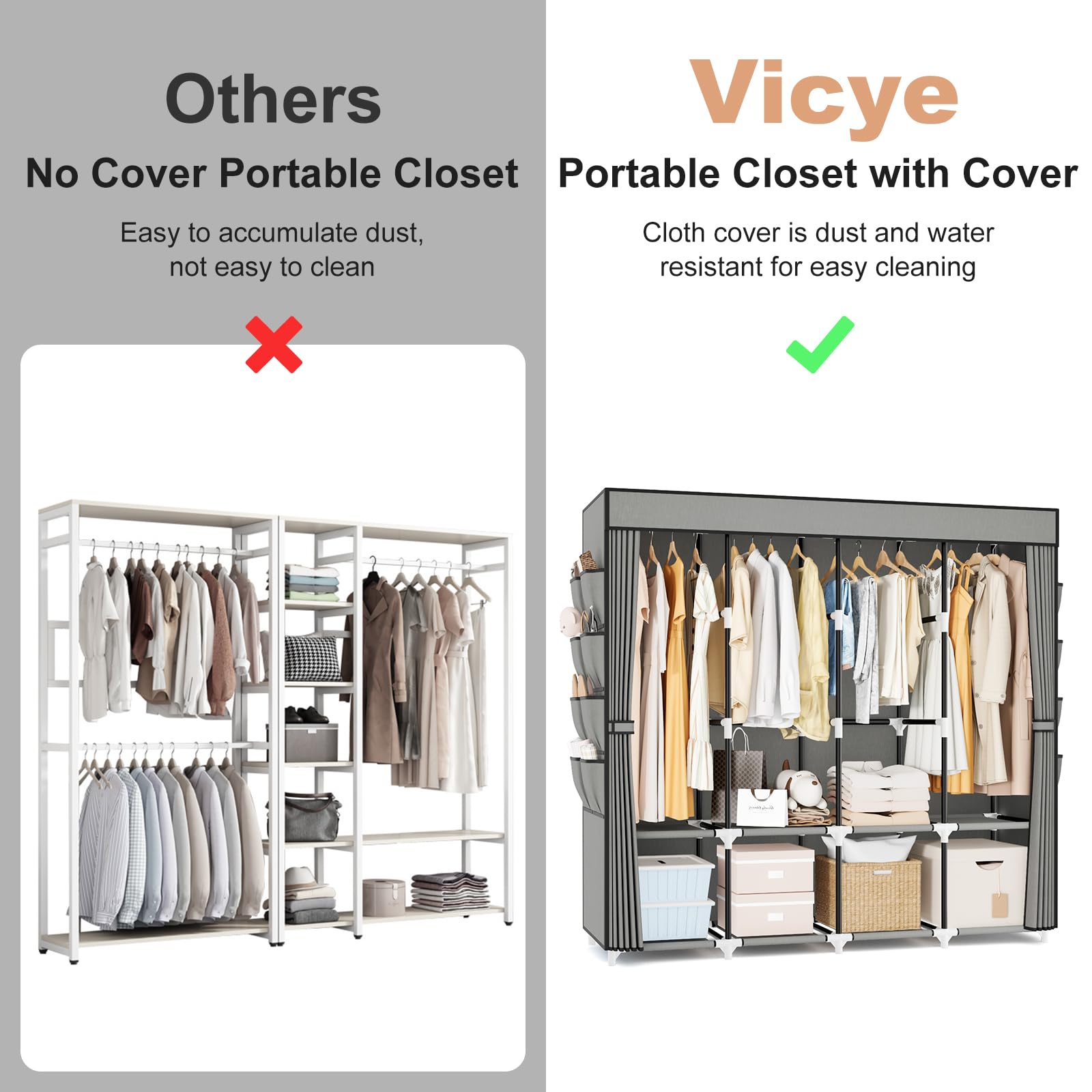 Vicye Armadio in Tessuto, Armadio Camera da Letto Grande 210CM di Larghezza, Guardaroba con Copertura, 5 ripiani portaoggetti 5 aste appendiabiti, Armadio Portatile per Campeggio Ingresso, Nero