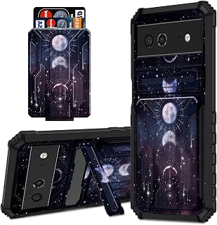 for Google Pixel 6 Wallet Case with Detachable Credit Card Holder and Stand Kickstand Rugged Heavy Duty Shockproof TPU Protective Cover Case for Google Pixel 6, Moon Sun Stars