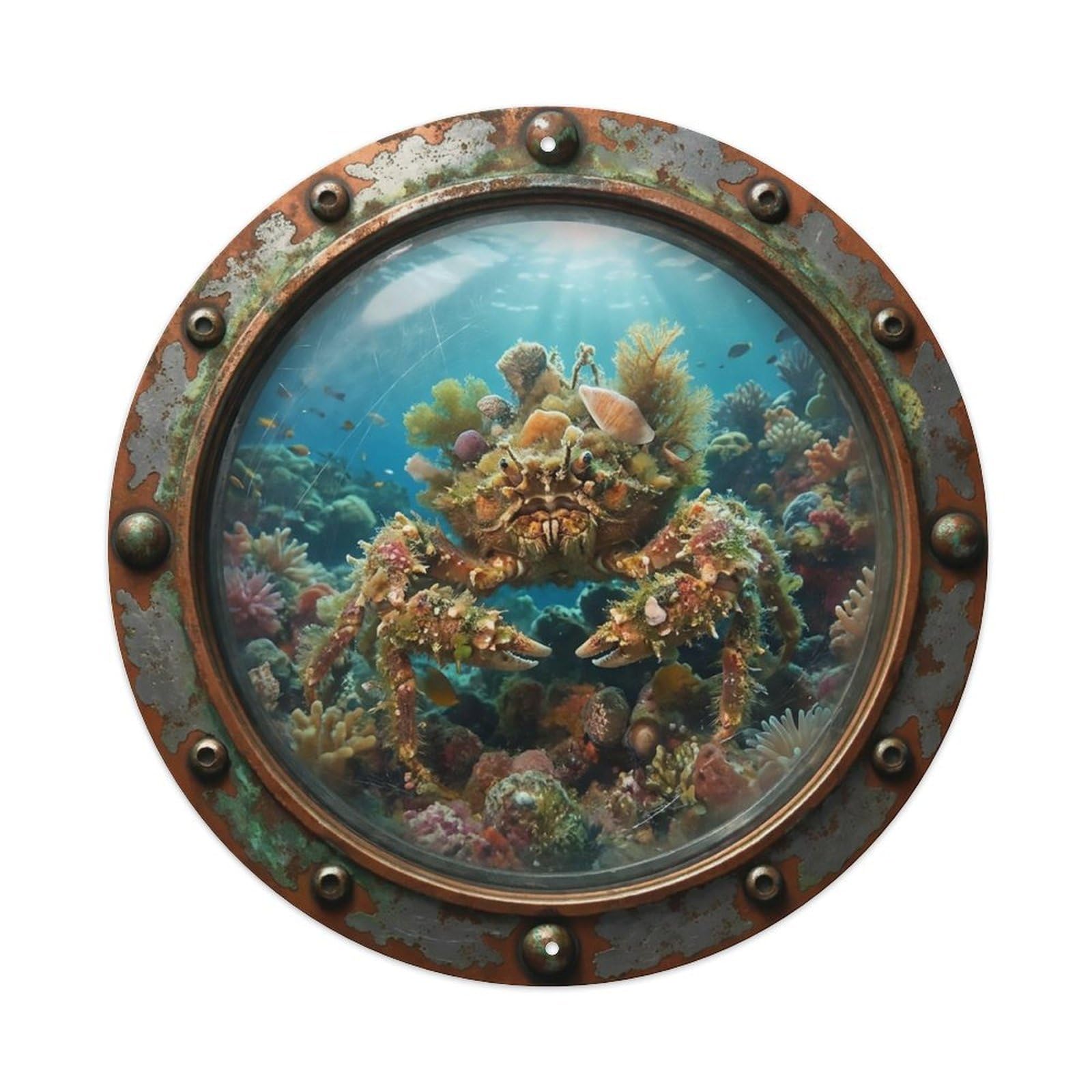 Odgynaw 8X8inch(20X20cm) Vintage Porthole Decorator Crab Nautical Window View Metal Tin Sign