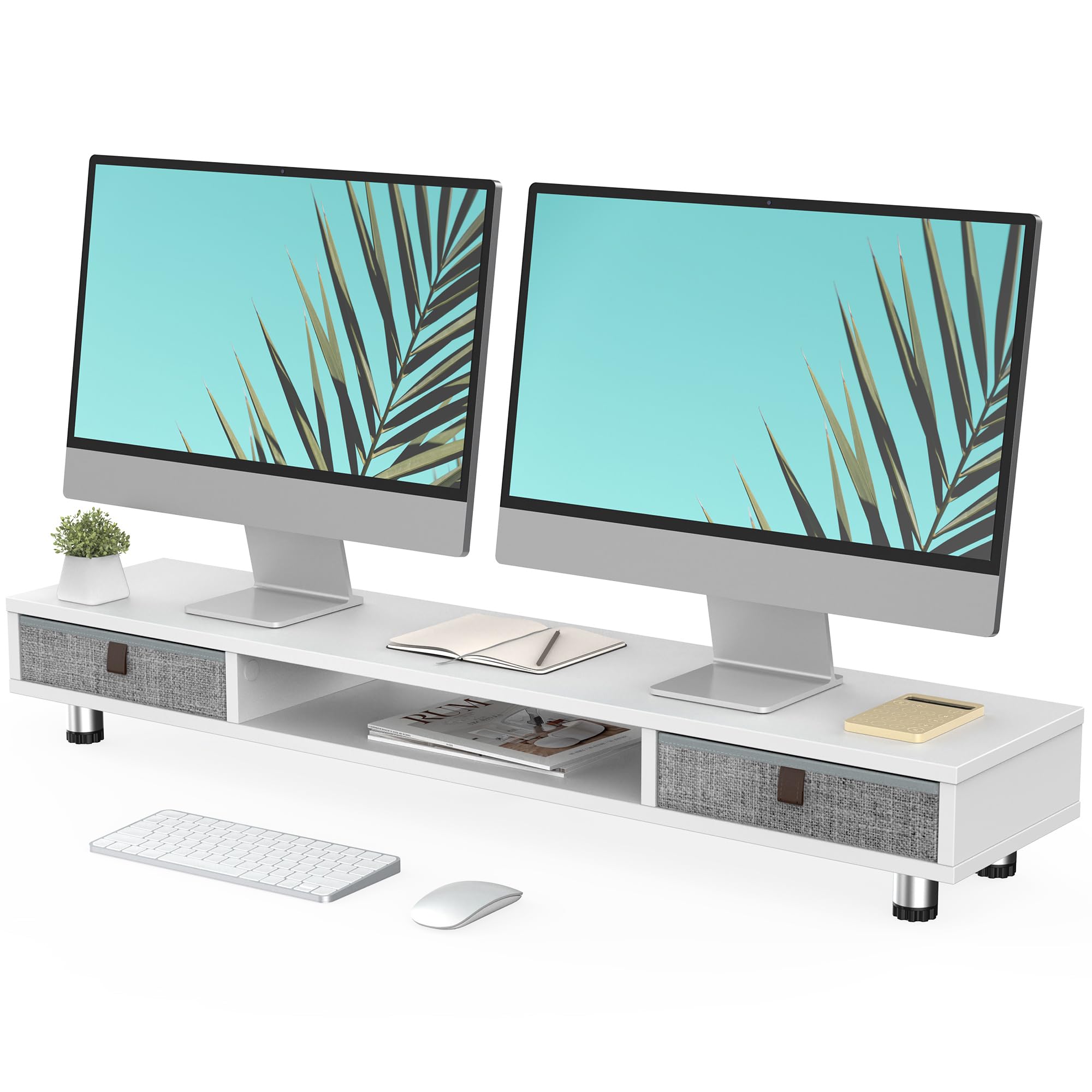 Fenge Soporte Monitor para Doble Monitor con 2 Cajones, Elevador Monitor de Madera con Alturta Ajustable, Soporte Monitor Mesa para PC/Portátil /Impresora 108x23,5x15,2-16,7cm Blanco The Forest Stewardship Council