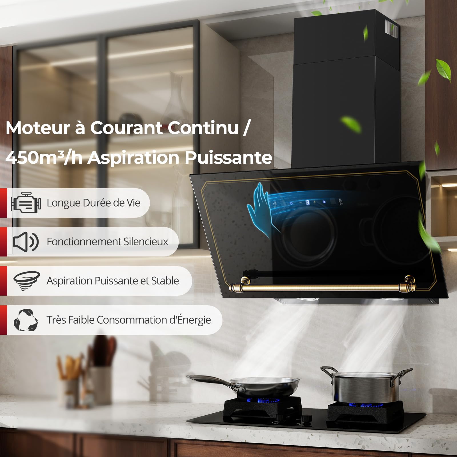 SNDOAS Hotte Aspirante 60 cm, A+++ Hotte Cuisine Silencieuse Inclinée, 450 m³/h, 3 Vitesses + Boost, Évacuation/Recyclage, Filtres à Charbon Inclus, Commandes Tactiles & Gestuelles, Noir/Or