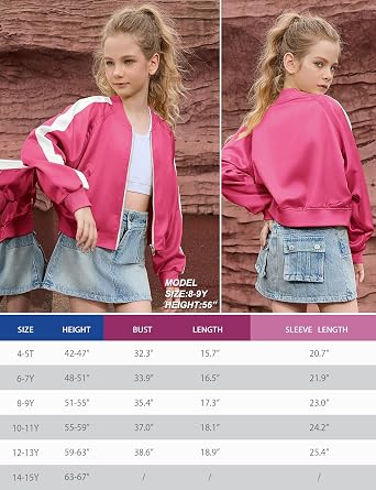 Perfashion サテン ボンバージャケット 女の子用 ジップアップ バーシティ クロップドコート キラキラ ウインドブレーカー ポケット付き 4-13歳