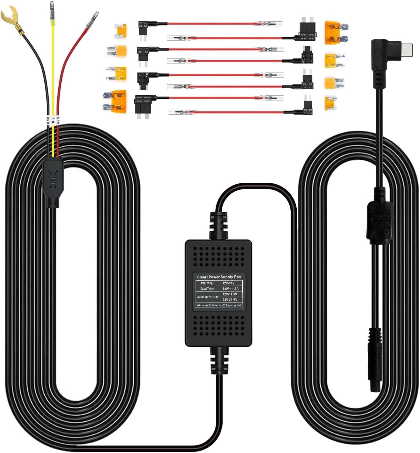 Hardwire Kit for K600 Dash Cam Front and Rear 4k+1080P,12ft Type C,Input12V/24V,Output 5V/2.5A.Dash Cam Hardwire Kit with Add A Circuit Fuses,Supports 24-Hour Parking Monitoring for Car DashCam