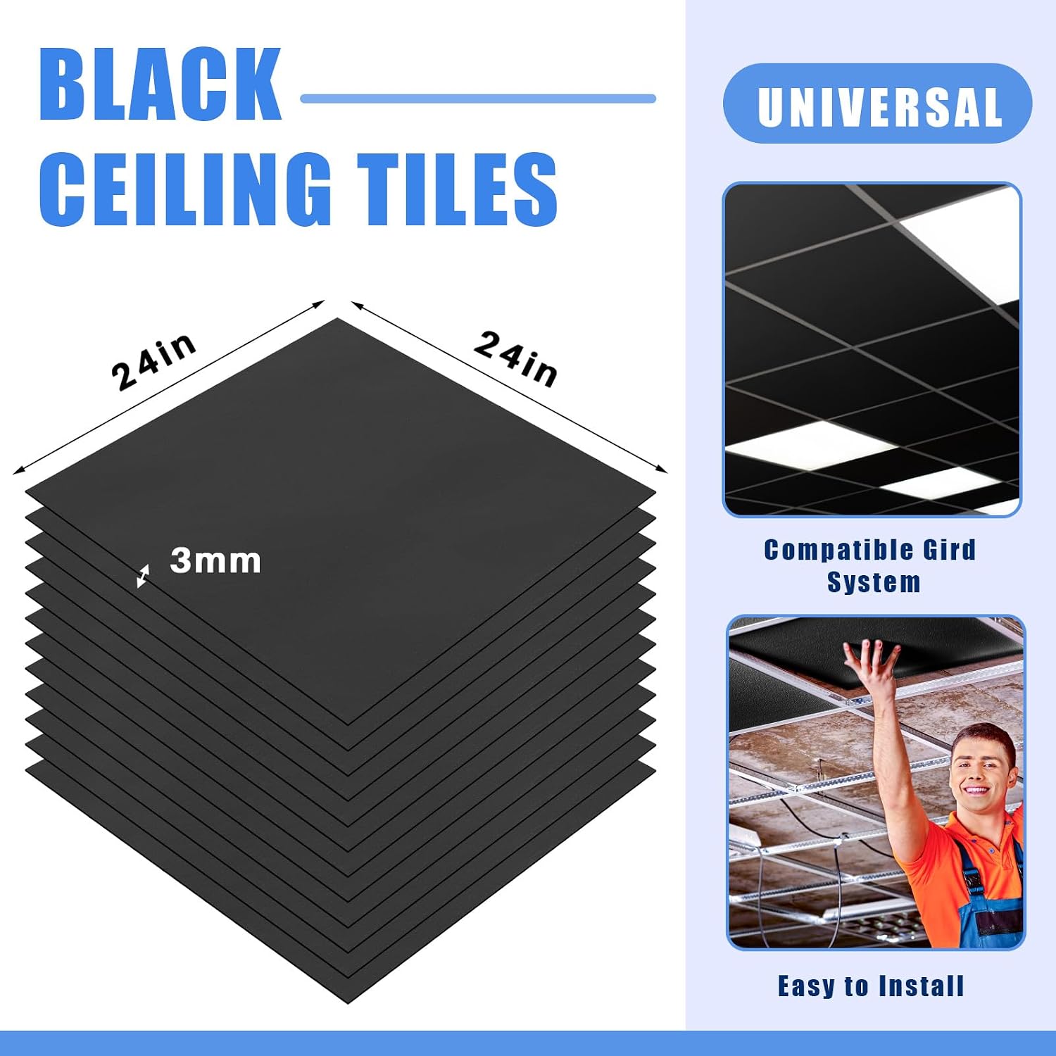 frienda 6 pcs 2ft x 2ft drop ceiling tiles pvc smooth ceiling panel easy drop in installation for waterproof washable and fire rated to prevent breakage (black) 2ft x 2ft black 6