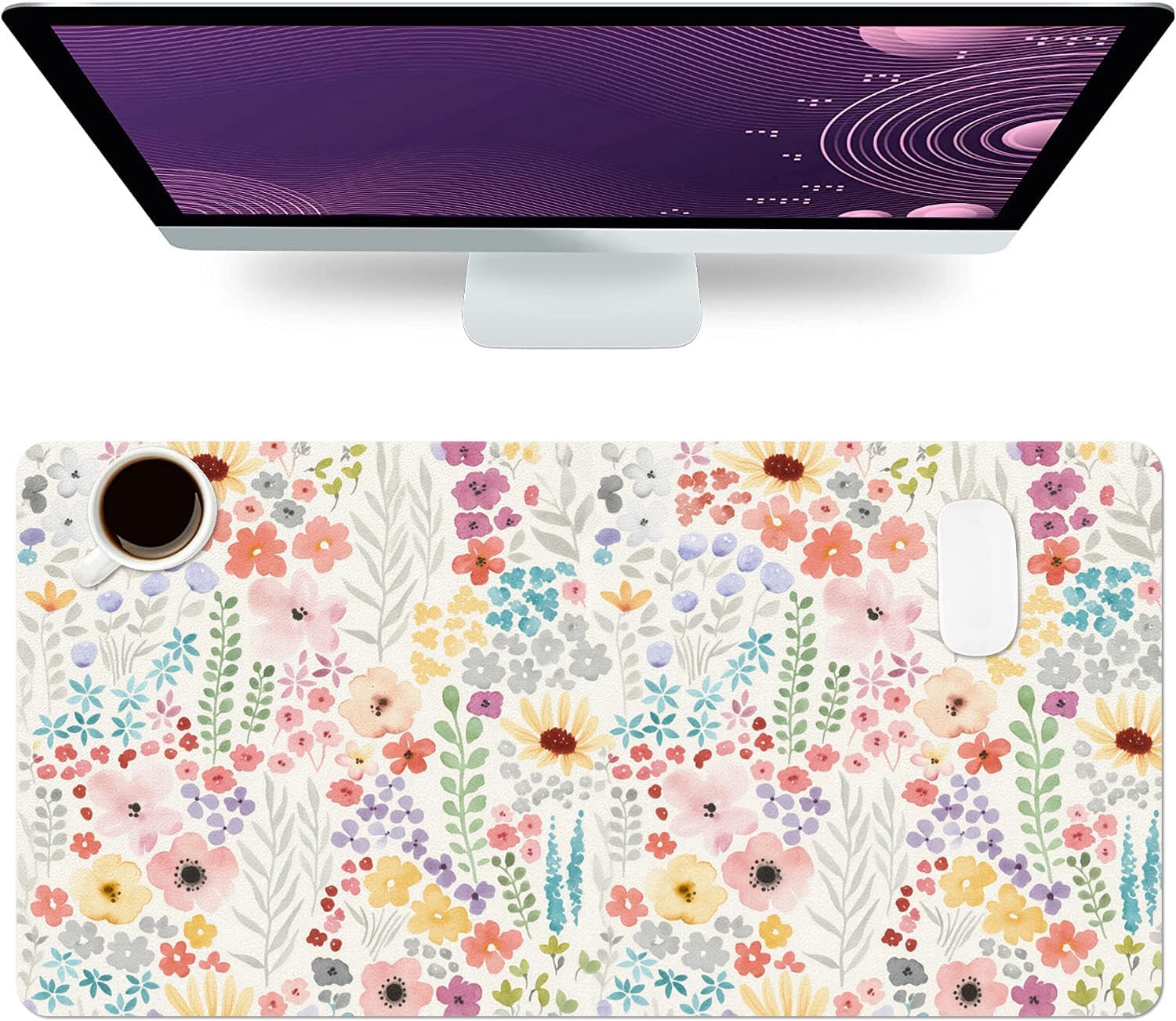 Flower Large Mouse Pad, Floral Desk Matt for Desktop, PU Leather Waterproof Desk Pad, Computer PC Laptop Protector Gaming Mouse Pads for Women Office Decor (31.5" x 15.7")