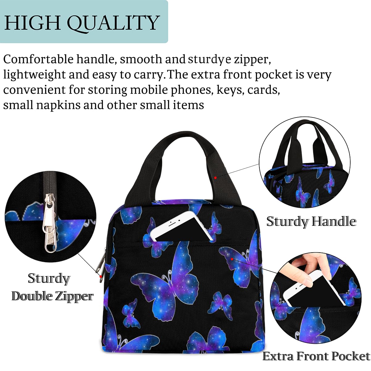 Bolsa De Almuerzo Portátil Con Diseño De Mariposa Y Hongos - Tamaño 7.4x3.14x9.84 Pulgadas, Material Aislante, Asa Y Correa Ajustable, Ideal Para Escuela, Trabajo O Picnic