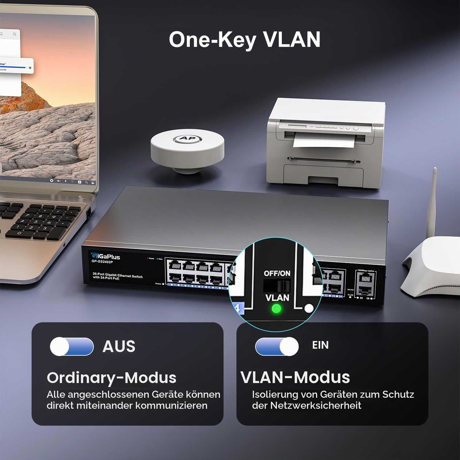 26 Port Gigabit PoE Switch with 24 Port PoE+ 1000Mbps, 2x1000Mbps Uplink, GiGaPlus 26 Port IEEE802.3af/at PoE @320W, Support VLAN, Metal Housing, Desktop or Wall-Mount, Plug & Play