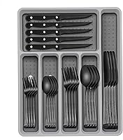 Vista 9 de Juego de cubiertos negros de 49 piezas con organizador, juego de cubiertos de acero inoxidable resistente para 8, juego de utensilios de cuchillería