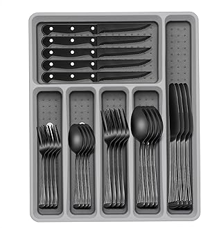 49-Piece Black Silverware Set with Organizer, Food-Grade Stainless Steel Black Flatware for 8, Cutlery Utensil Sets with Steak Knives, Rust-proof, Mirror Polished, Dishwasher Safe, Roman Column