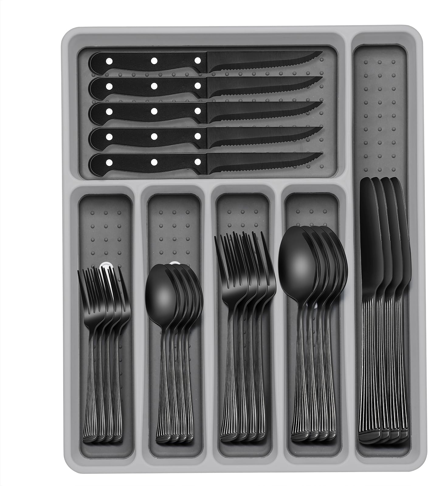 49-Piece Black Silverware Set with Organizer, Food-Grade Stainless Steel Black Flatware for 8, Cutlery Utensil Sets with Steak Knives, Rust-proof, Mirror Polished, Dishwasher Safe, Roman Column