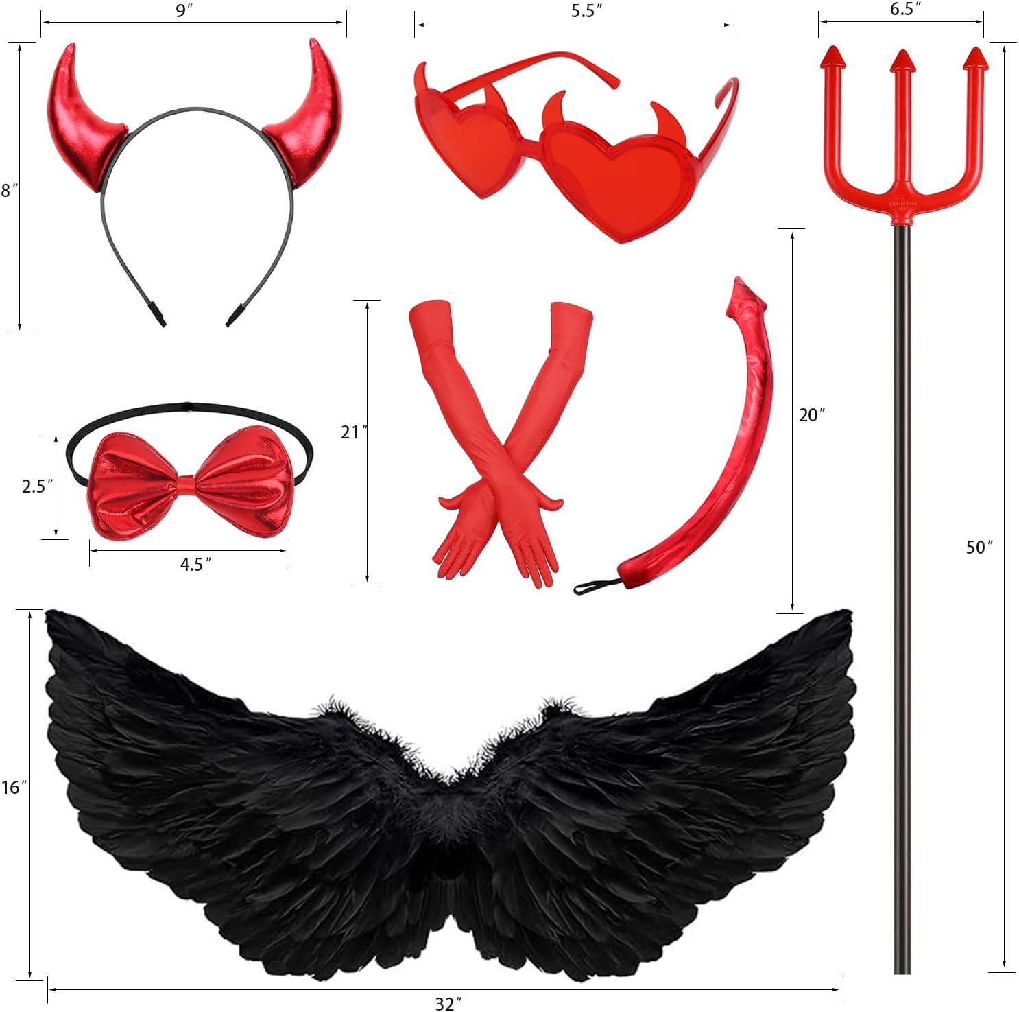 Devil Costume for Women, 7 PCS Halloween Demon Costume Set with Red Devil Horns Headband Devil Wings Devil Glasses Devil Tail Devil Pitchfork Bowtie Long Gloves, Women Men Sexy Devil Accessories