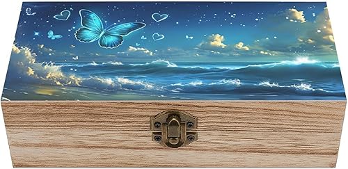 Wave Butterfly Wooden Storage Box (7.9" X 3.9" X 2.3"),Vintage Wooden Jewelry Box with Hinged Lid Natural Wood Keepsake Storage Boxes, Decorative