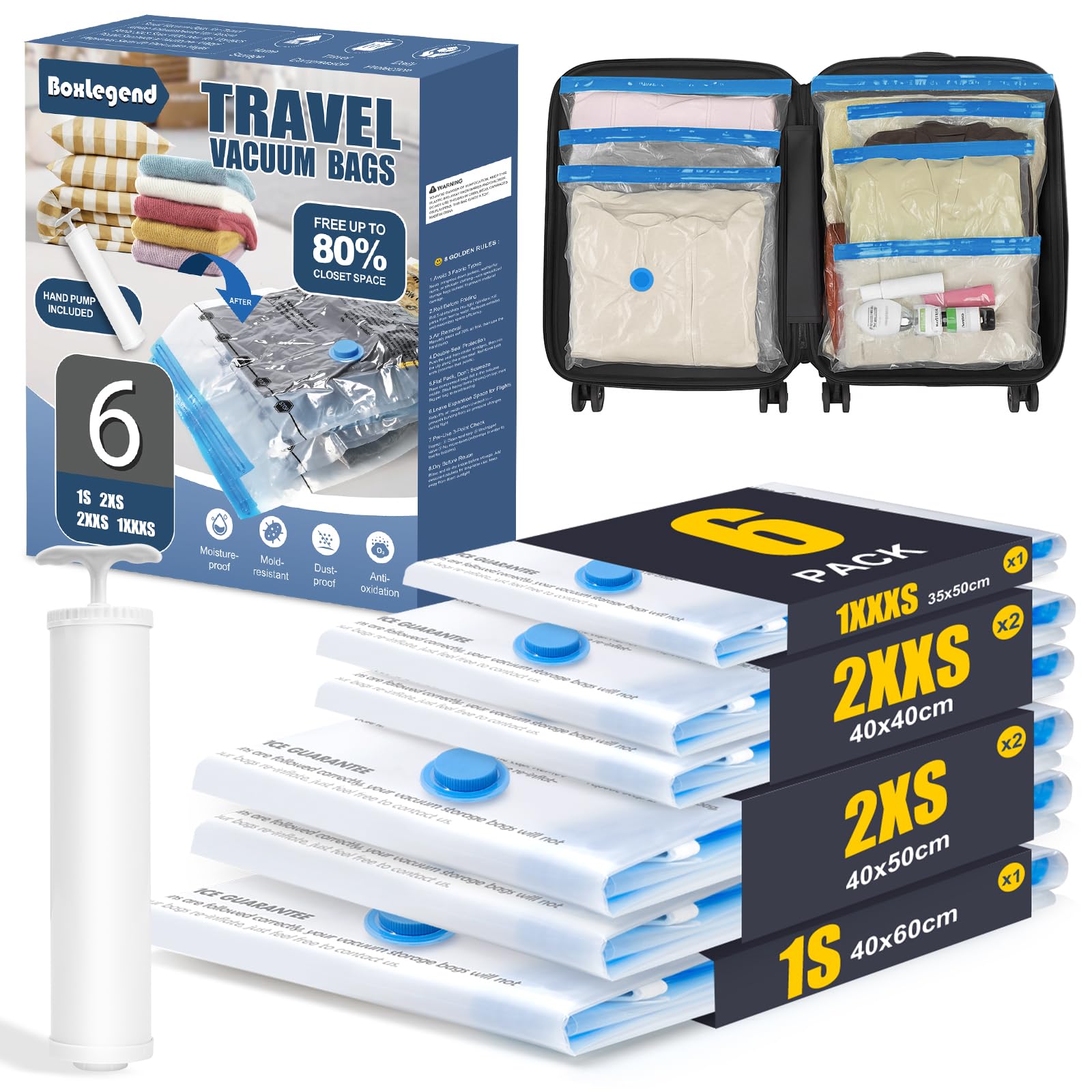 BoxLegend 6 Stück Reise Vakuumbeutel für Kleidung- Für Koffer und Rucksack Verdickt & Wasserdicht, 1 * 40x60+ 2 * 40x50+ 2 * 40x40+ 1 * 35x50cm, Mit pumpe - Sparen Sie 70% Kofferplatz