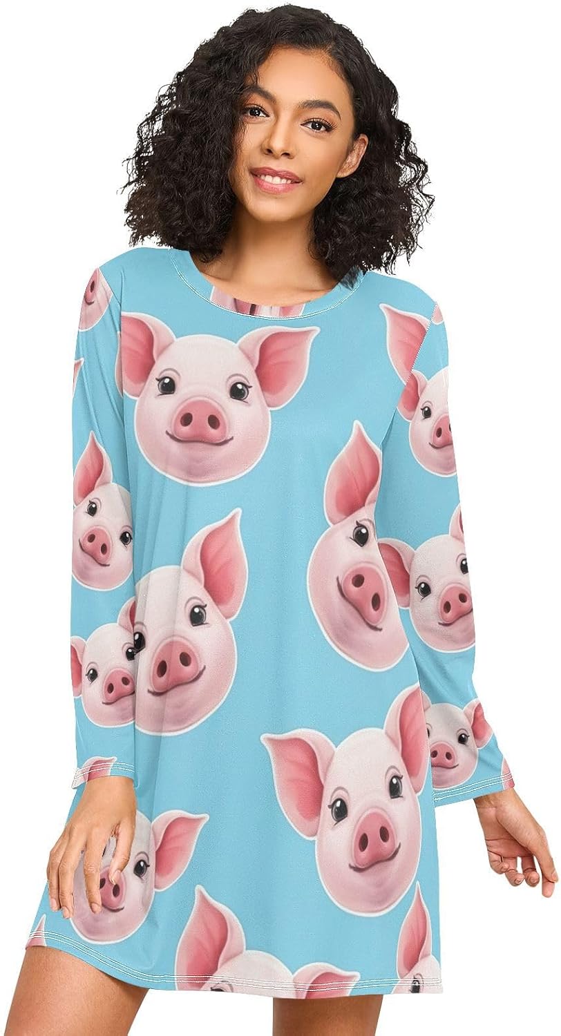 Cute Pink Pig Ears Blue Long Sleeve Sleep Shirts for Women, Cozy Crewneck Sleep Dress, Casual Womens Nightgowns