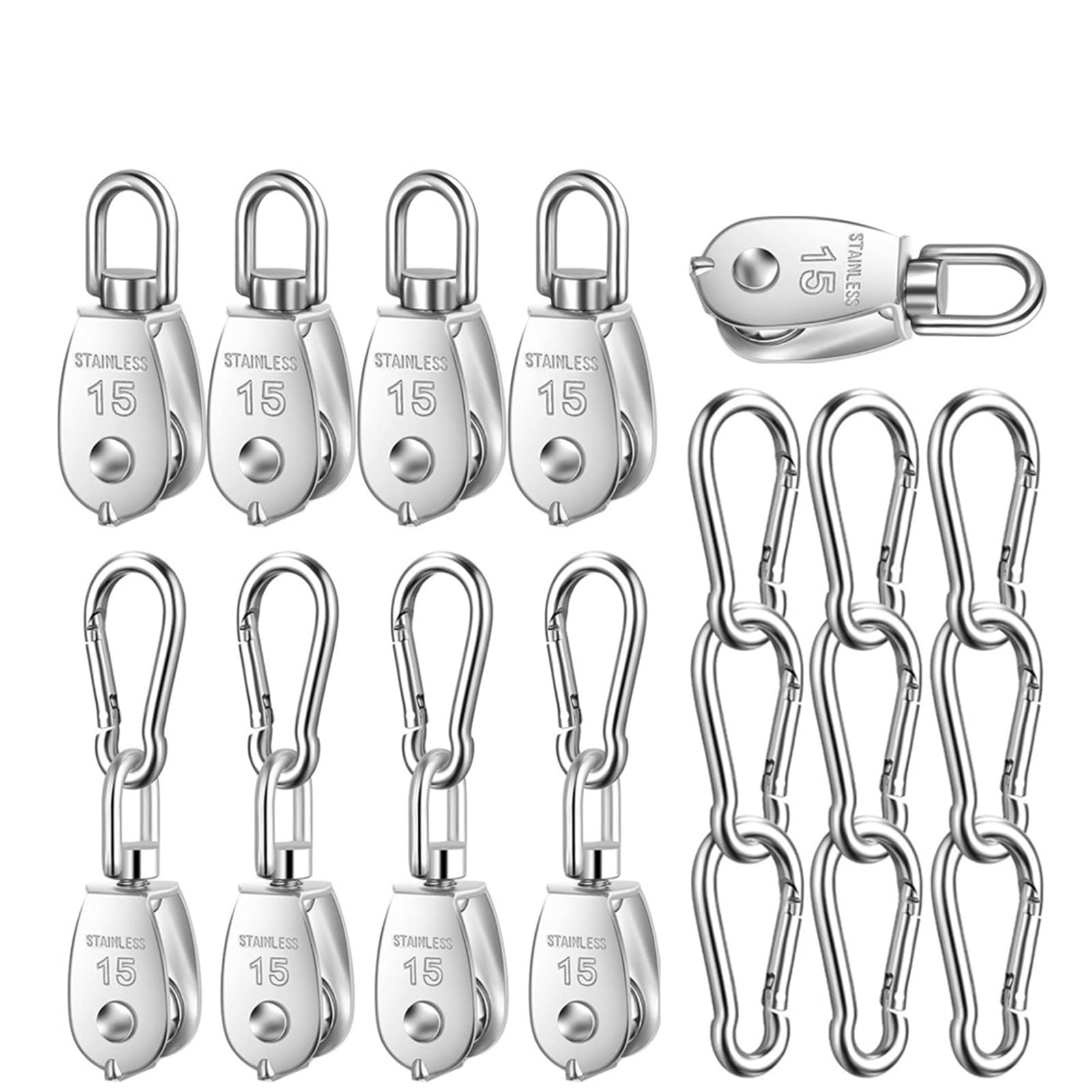 Poleas Juego de cuerda elevación polea acero inoxidable M15 304, herramienta rueda con hebilla resorte M5 for tracción alambre colgante(6set)