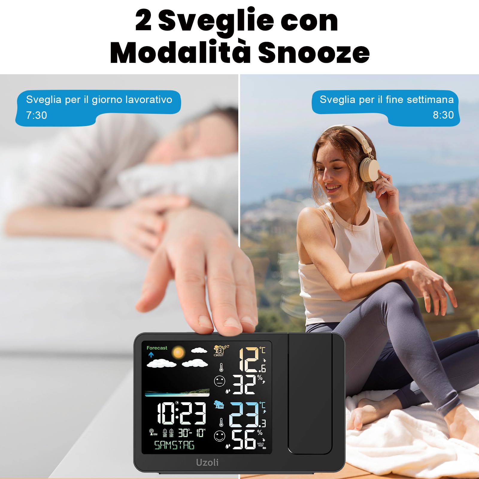 Uzoli Sveglia con proiettore Orologio proiezione soffitto Stazione meteorologica, sensore esterno Termometro Igrometro interno Previsioni del tempo Livello di comfort Rischio muffa -EM3539A