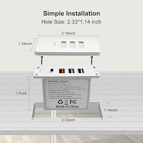 Miniatura 3 de Enchufe USB C con enchufe empotrado USB C Power Strip Outlet con carga rápida 4 puertos USB 20W montado en la cama escritorio mesa sofá (blanco)