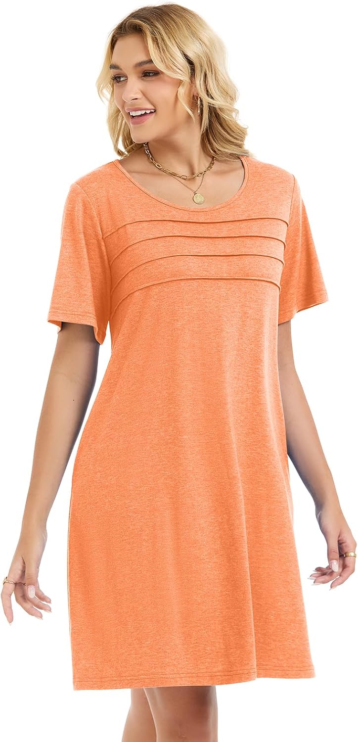 elescat Sundress for Women Casual Loose Summer Short Sleeve Pleated Front Crew Neck T Shirt Dress with Pockets - Image 6