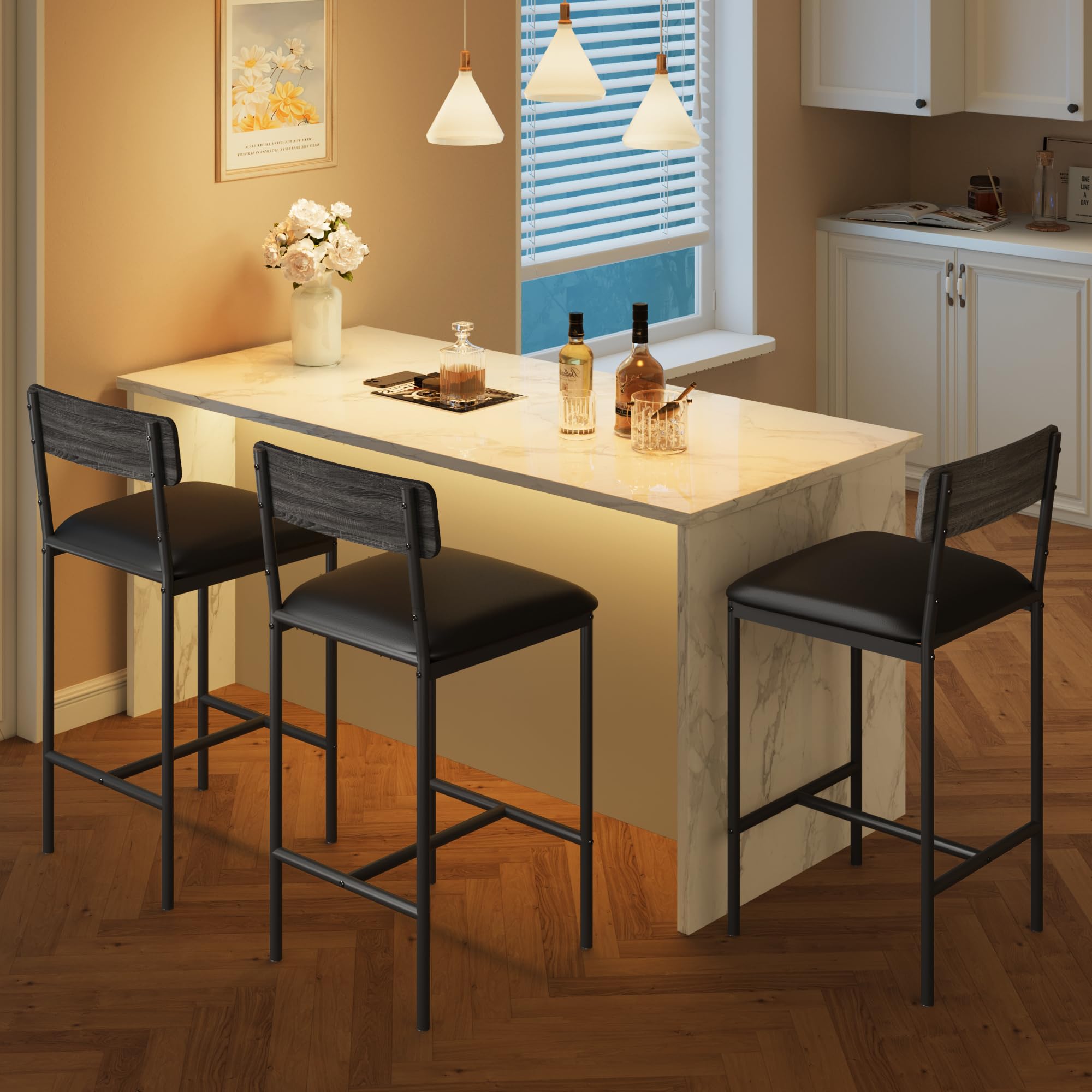 2er Set Barhocker mit Fußstütze, 64,8 cm hohe gepolsterte Thekenhocker mit Rückenlehne, Moderne Küchenhocker für Tresen, Insel, Küche – einfache Montage, Grau