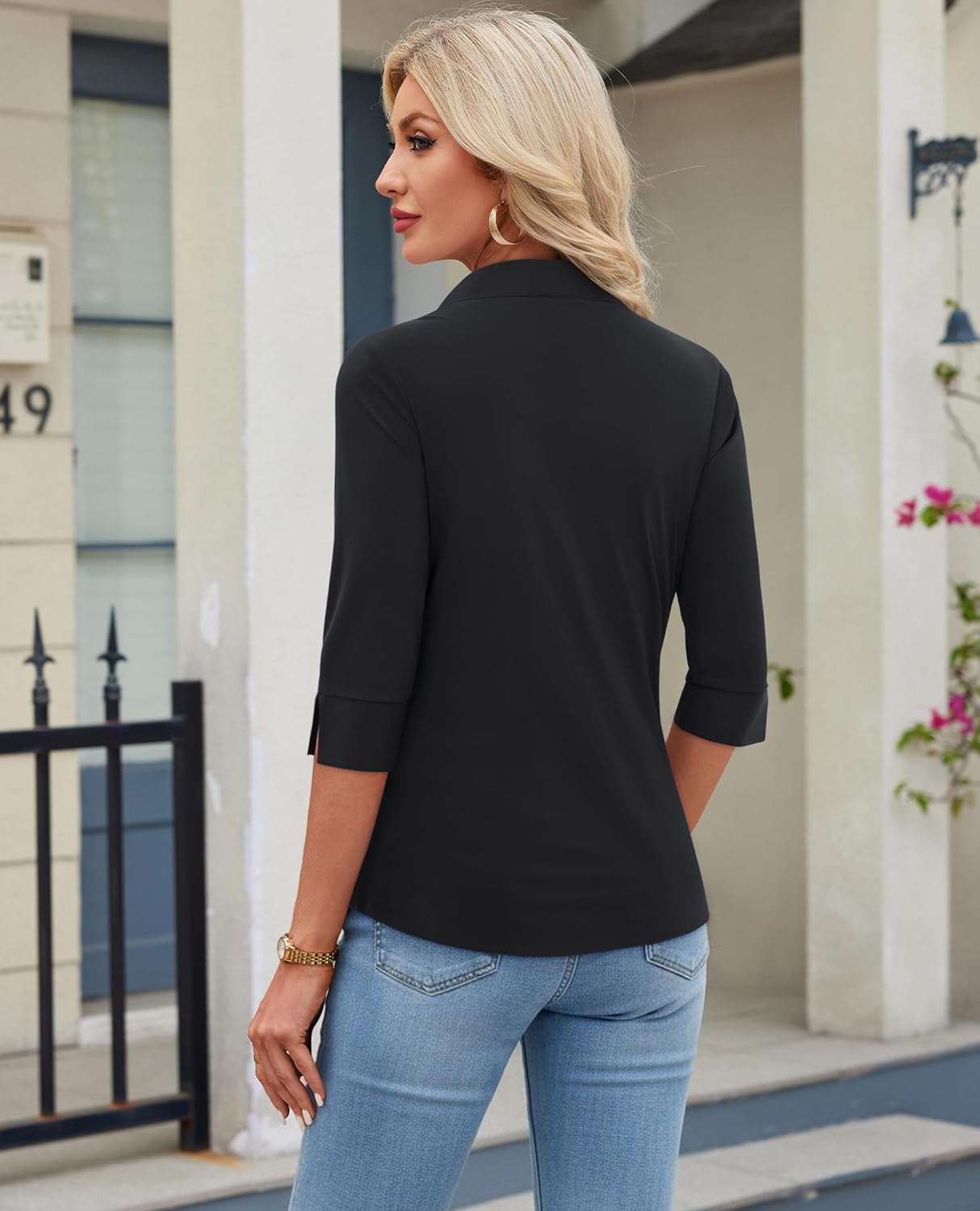 siliteelon Button Down Shirts for Women 3/4 Sleeve Stretch Fitted Dress Shirt Wrinkle Free Collared Business Work Tops - Image 2