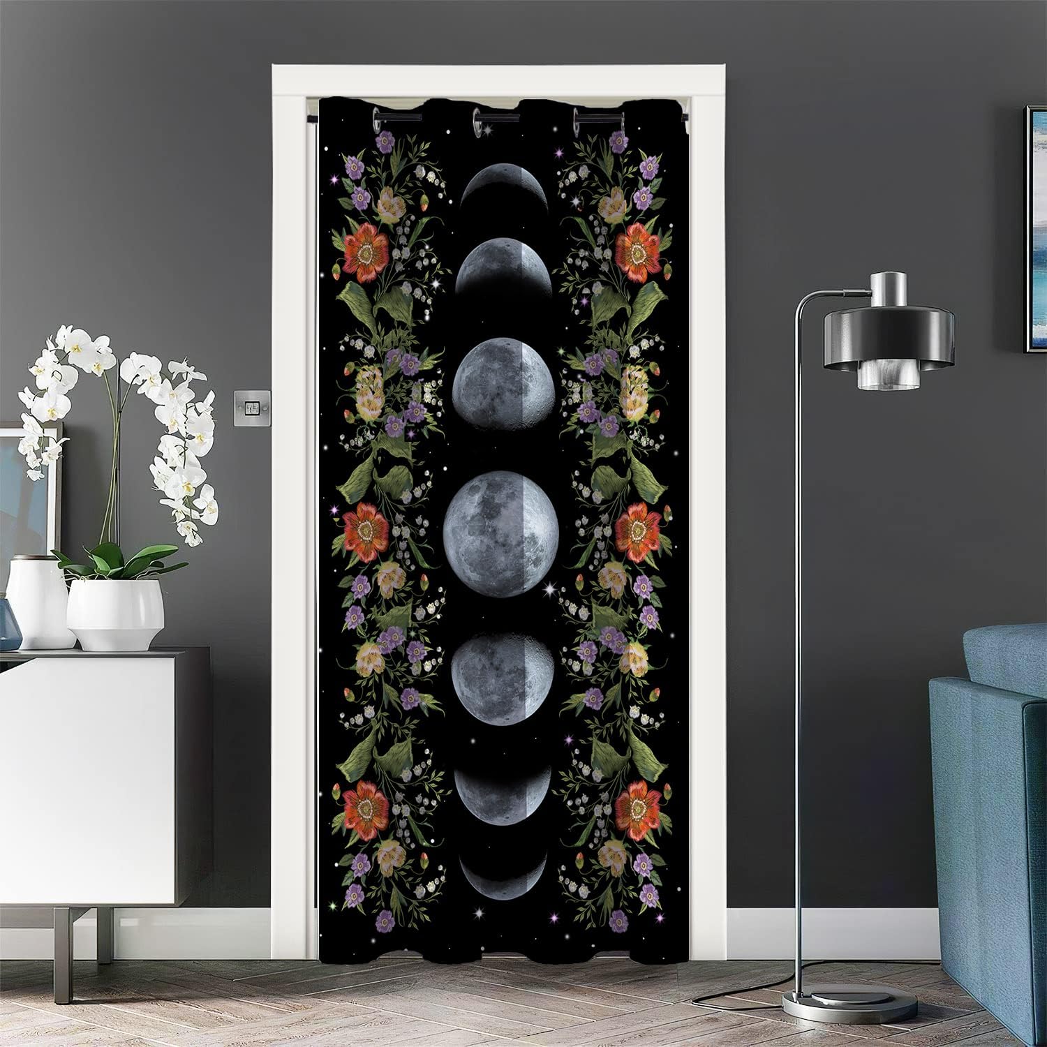 Moon Flower Blackout Door Curtain, Moonlight Garden Moon Cycle Floral Plant, 1 Panel Grommet Privacy Room Divider Curtains, for Bedroom Living Bathroom Doorway Deco 42 * 80 inch